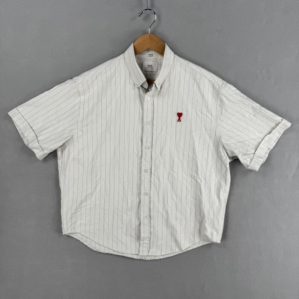Ami Alexandre Mattiussi Shirt Mens Small White Stripe Short Sleeve Button Heart